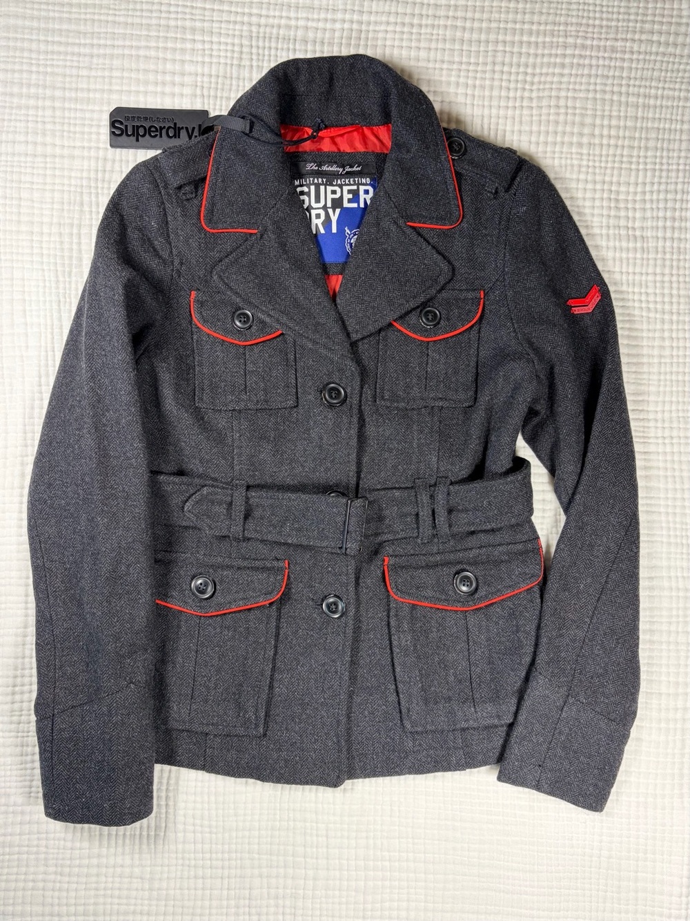 Superdry Charcoal Herringbone Military-Style Belted Jacket Red Piping Sz 6 NWT